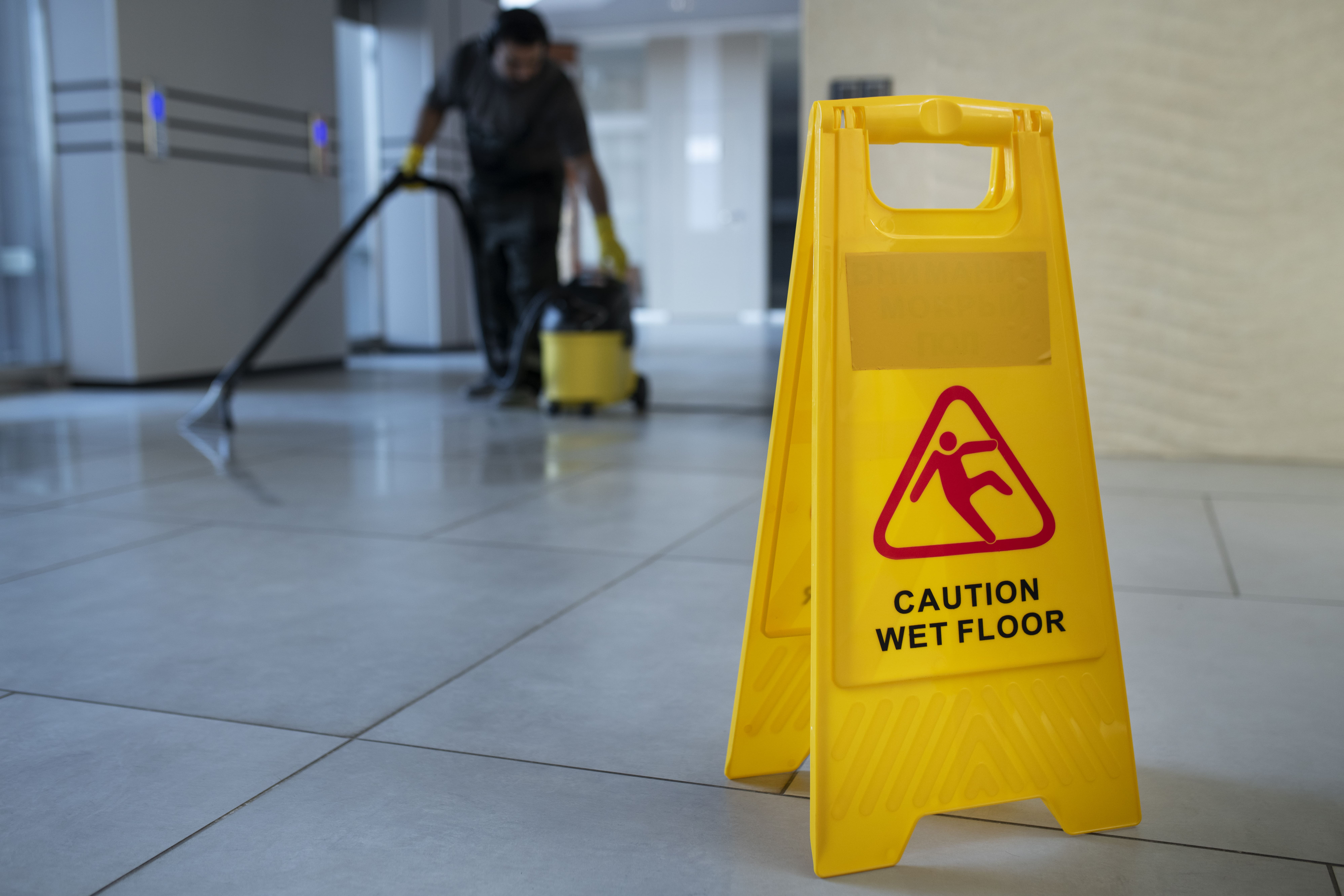 Restaurant cleaning wet floor sign in a hospitality venue